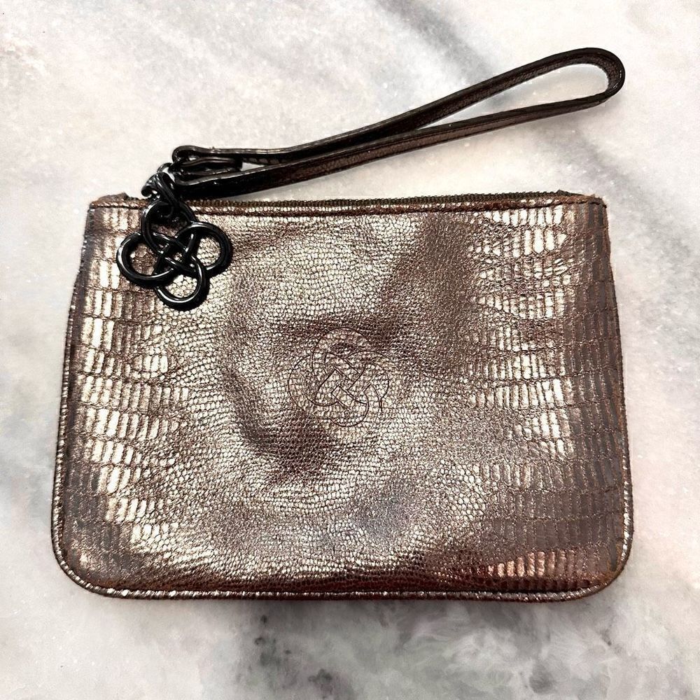 Stella & Dot Metallic Vegan Leather Snakeskin Finished Wristlet Bronze Small